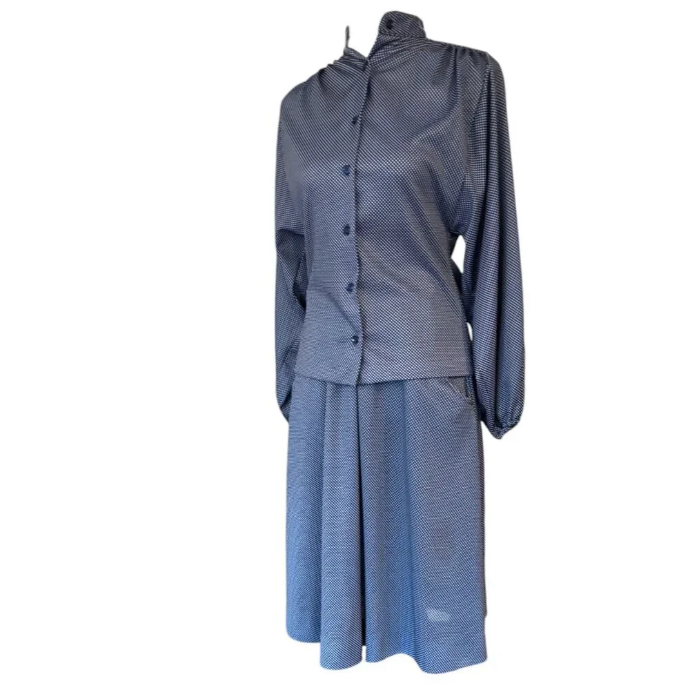 Vintage 70s 80s 2 pc navy‎ blue white micro polka dot blouse and skirt set sz S